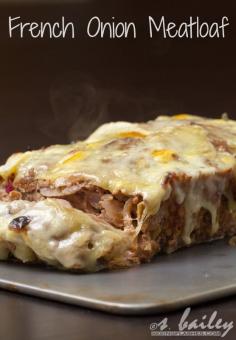 French Onion Meatloaf Recipe ~ "This dish takes all of the best aspects of French onion soup and puts them together in a healthy, hearty meatloaf. It is FILLED with 2 whole onions worth of caramelized onions, bound by oats instead of crusty bread (I promise you can't even taste them!), and topped off with melty, bubbling gruyere cheese. It's also incredibly easy (and fun!) to assemble, making it perfect for any time"