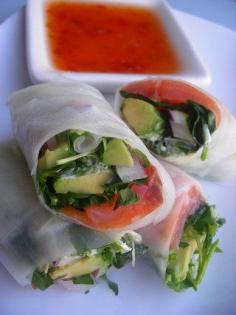 Smoked Salmon Summer Rolls - makes 6 For the spring rolls: 1 4 ounce package of smoked salmon 6 rice paper summer roll wrappers 1 ripe avocado 1 bunch watercress, washed and dried 1/2 red onion, cut into thin slices cilantro sprouts, to taste (regular cilantro would be just fine here, too) 1/3 cup creme fraiche prepared wasabi, to taste