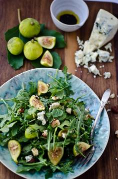 SOOO GOOD!!! Arugula, fig and blue cheese salad.... Yum, just had this for dinner...here's what I changed (I didn't have all of the items)....I changed the nuts to toasted sunflower seeds and the arugula to plain ol'lettuce but chopped it up fine. I pre-mixed my dressing and I think next time I would add more mustard to it cus you couldn't really taste it. Figs happened to be in season so I totally lucked out cus this was soooo good with fresh figs!! Nice change for a beautiful salad!