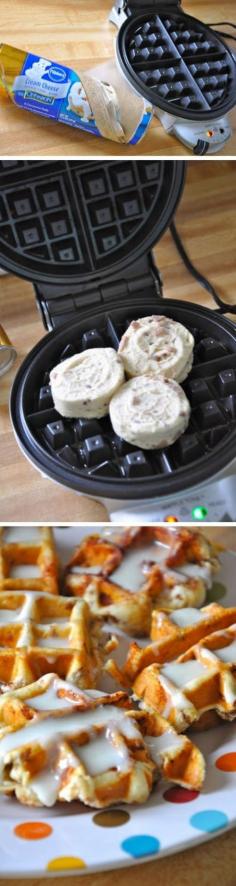 Cinnamon Roll Waffles?! Best idea ever! 1can Pillsbury® Grands!® refrigerated cinnamon rolls with cream cheese icing1cup powdered sugar3tablespoons milk1teaspoon vanilla1Heat waffle maker; spray with cooking spray. Remove cinnamon rolls from can; set icing aside.2For each waffle, place 1 cinnamon roll in center of waffle maker; close. Bake 3 to 4 minutes or until waffle is thoroughly cooked and golden brown.3Meanwhile, in small bowl, stir together reserved icing, powdered sugar, milk and vanilla until glaze is smooth.4Serve glaze over hot waffles. Expert Tips Be sure to spray the waffle iron in between each waffle. The sugar from the cinnamon roll can make the waffles stick.These are also delicious served with real maple syrup instead of the cream cheese glaze. Add some toasted pecans for extra crunch.