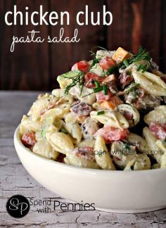Chicken Club Pasta Salad Love it? Pin it to your DINNER board to SAVE it! Follow Spend With Pennies on Pinterest for more great recipes! This delicious Chicken Club Pasta Salad is the perfect dinner for a hot summer evening! All of your favorite Club toppings are in there… bacon, chicken, cheddar, tomatoes and avocado! It can be made well ahead of time which makes for a great weeknight meal! The dressing for this pasta salad is homemade and you {Read More}